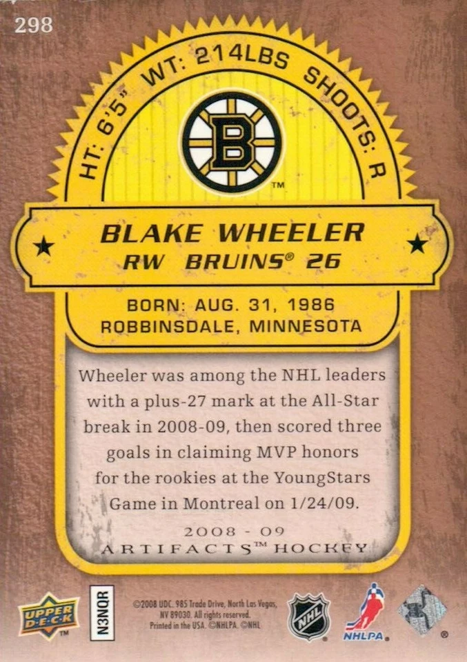 Blake Wheeler Boston Bruins 2008-09 Upper Deck ARTIFACTS RC 298 - Image 2 of 2