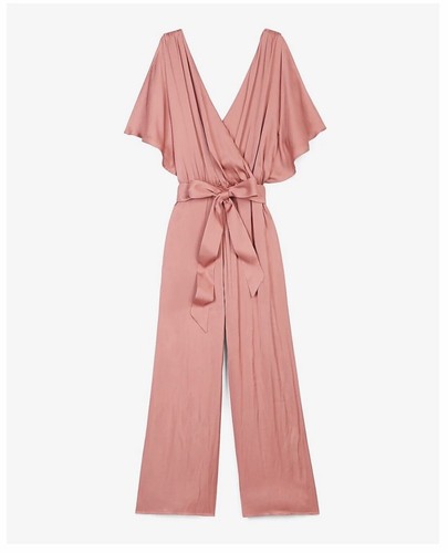 NWT EXPRESS Satin Flutter Sleeve Culotte Jumpsuit Deep Rose Sz XS - Picture 3 of 5