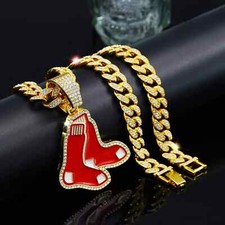 Boston Red Sox Hip Hop Iced Pendant 20" Cuban Cubic Zirconia Chain Necklace
