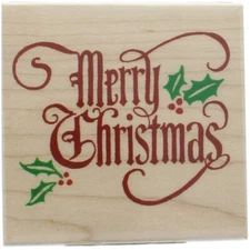Inkadinkado Merry Christmas with Holly Wooden Rubber Stamp