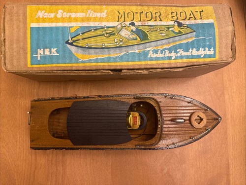 NBK, Stream Lined Motor Boat Vintage Wood & Tin Chris Craft Toy