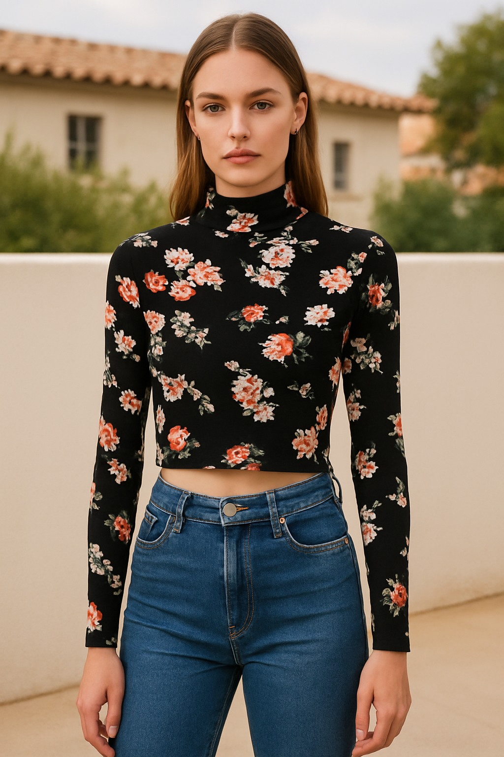 Women’s Romantic Floral Mock Neck Crop Top Long Sleeve Feminine Cottagecore