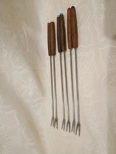 Stainless Steel Fondue Forks Wood Handle Color Coded Japan MCM Vintage Set 6