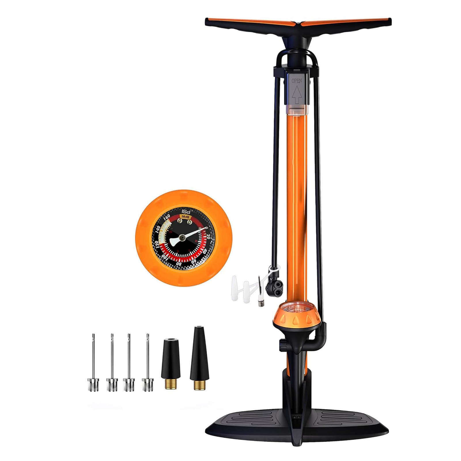 Bicycle Floor Pump, High Pressure 160PSI, For Presta Schrader Valves, Orange