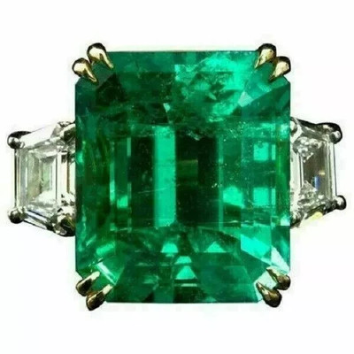 4Ct Lab-Created Green Emerald Three Stone Wedding Ring 14K Two Tone Gold Finish.