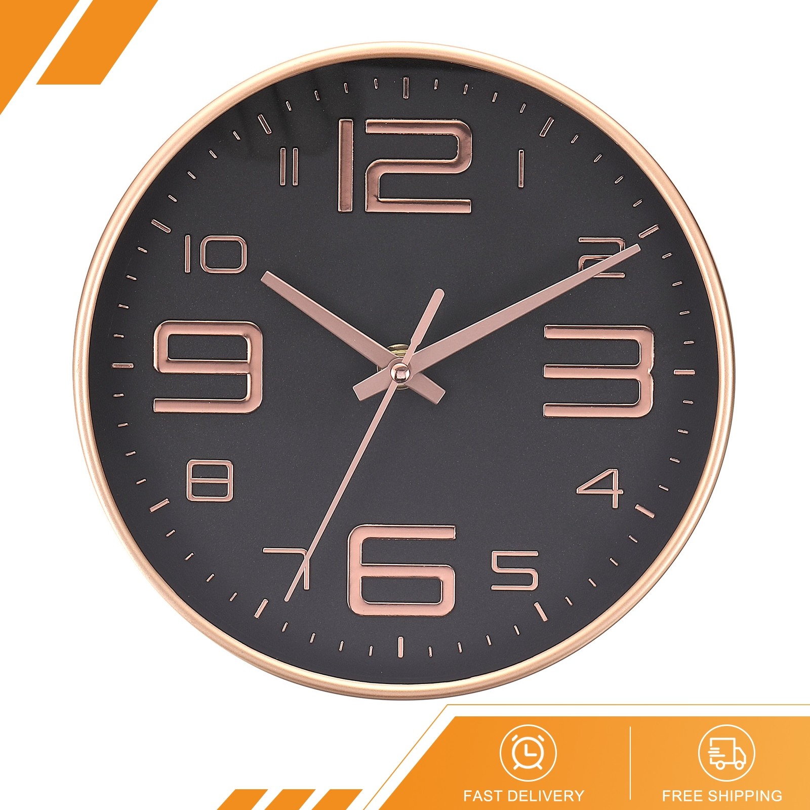 8" Battery Operated Non-Ticking Round Wall Clocks Rose Gold/Black Style 2