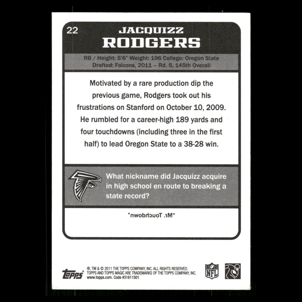 Jacquizz Rodgers Rookie #22 2011 Topps Magic Rookies Atlanta Falcons Football - Image 2 of 3
