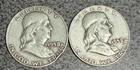 LOT OF 2 - 1958 D 50C BEN FRANKLIN SILVER HALF DOLLARS - 90% SILVER AS SHOWN