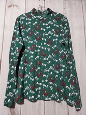 Kim Rogers Shirt Womens XXL Green Mock Neck Cardinal Bird Floral Long Sleeve