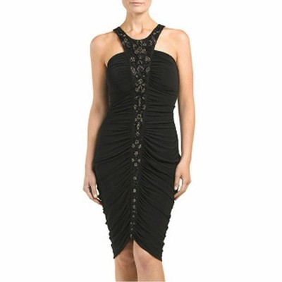 David Meister Black High Neck Halter Ruched Bodycon Dress with Beading