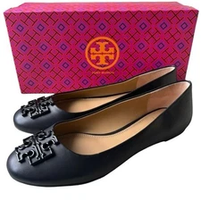 Tory Burch Womens Shoes Melinda Flats Sz 9 Black Smooth Leather Designer Logo