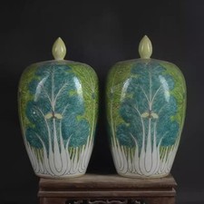 7.9" A pair Chinese Qing Kangxi Famille Rose Porcelain Cabbage Pattern Pot