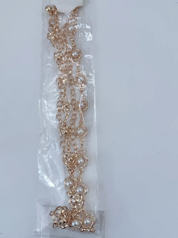 Mujeres Perla Metálico Dorado Flor Fiesta Cadena Vestido Borla Cinturón Ajustado Foto 2 de 4