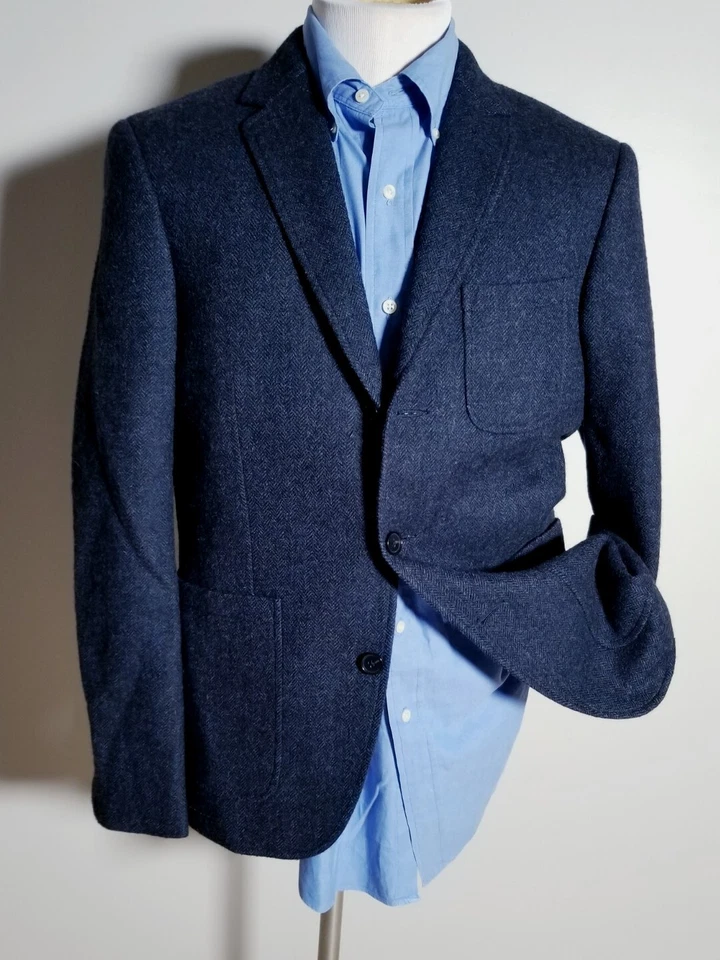 Blazer Vince 40R azul preto espinha de peixe tweed 2 válvulas casaco esportivo jaqueta cirurgião  - Imagem 2 de 4