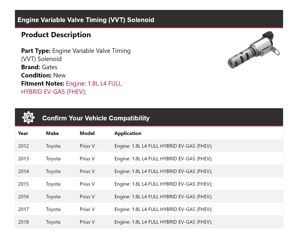 Puertas solenoide de distribución de válvula variable (VVT) para motor Toyota Prius V 2012-2018 Foto 2 de 4