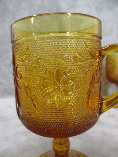 Indiana Tiara Tall Mug Set Sandwich Pattern Floral Footed Amber Glass 4 Piece - Picture 10 of 15