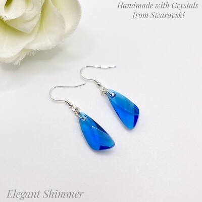 Sterling Silber Ohrringe mit Swarovski ️ 23 mm Capri blaue Flügelkristalle. Geschenk
