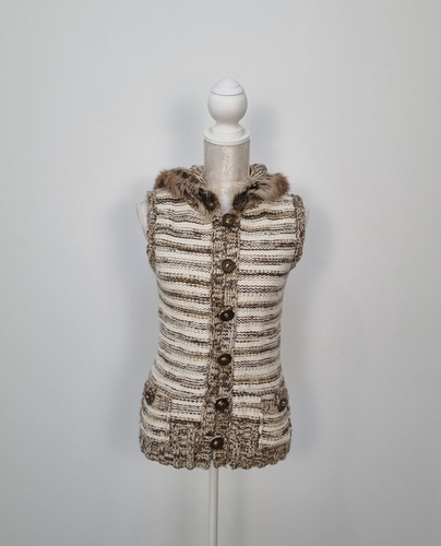 River Island Womens Wool Blend Cable Knit Brown & Cream Vest With Hood Size 12 - Picture 19 of 19