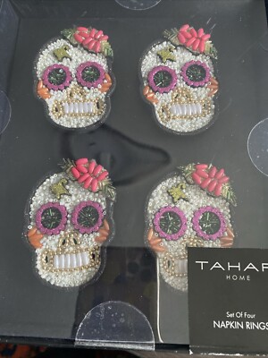 Tahari Home Set of 4 Napkin Rings Day Of  Dead Candy Skulls Beaded Fly By Night