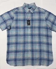 Daniel Cremieux Men Shirt XL Button French Linen Short Sleeve Plaid Blue $75