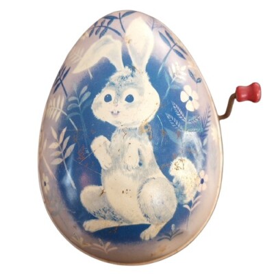 MATTEL Windup Metal Easter Egg Music Box Purple Blue Bunny Rabbit