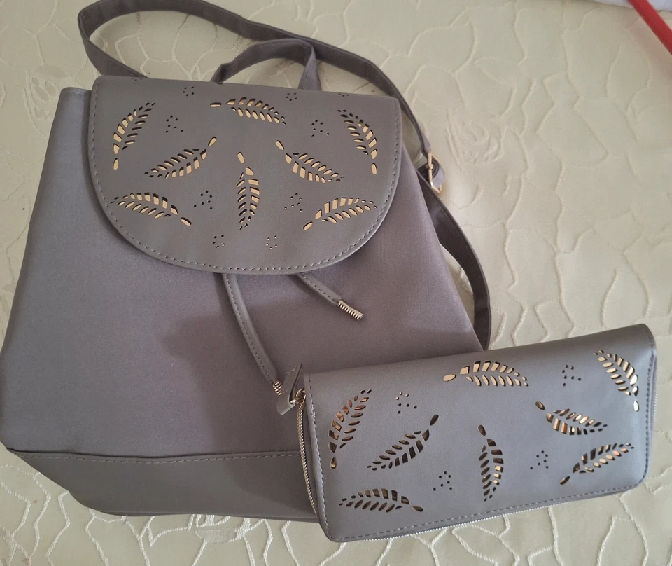 Damen Cityrucksack+Geldbörse   (Grau/Hellbraun+Goldeinlagen)