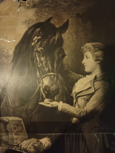 Vintage | Kunst | Vintage Bild Mädchen füttert Pferd Apfel mit ihr... - Bild 2 von 2