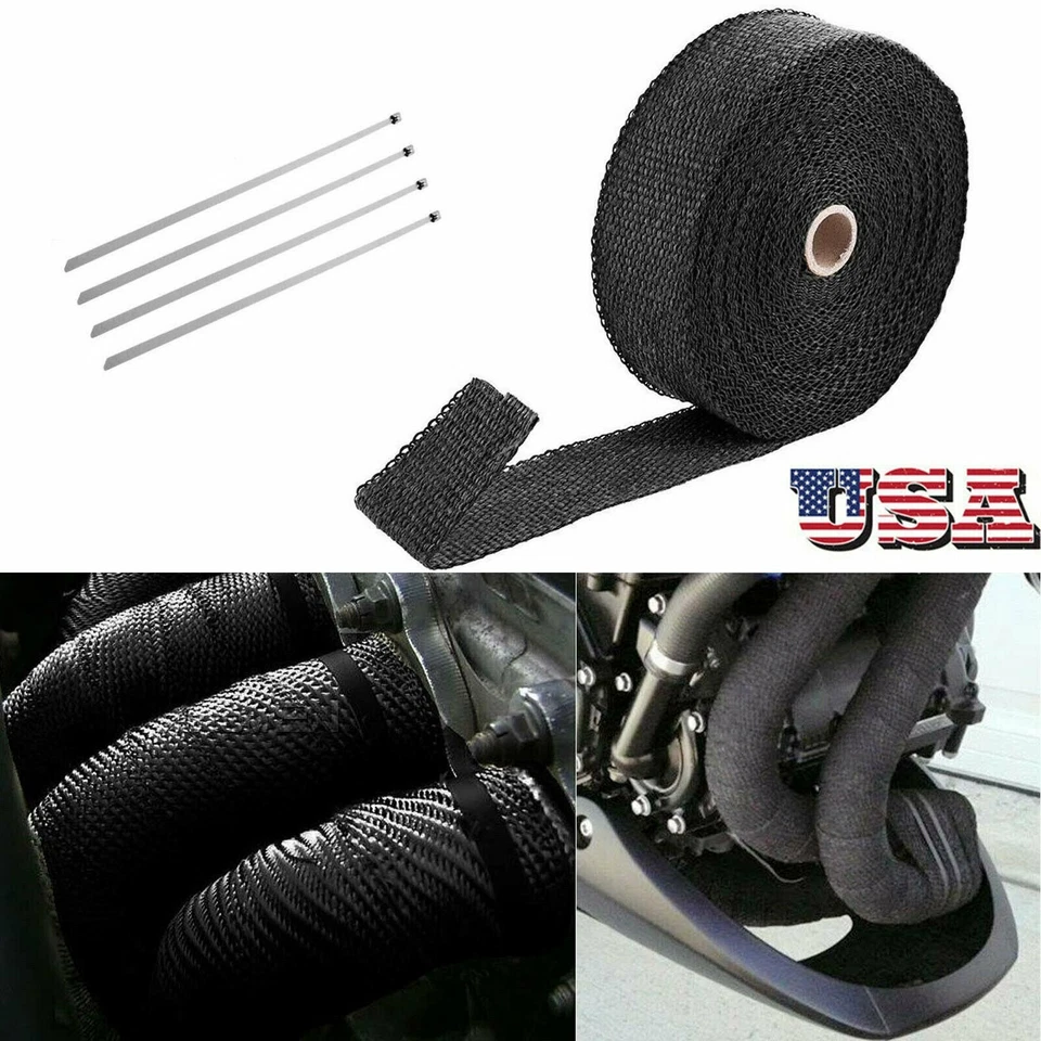 Cinta de tubo de cabezal negro protección envoltura térmica escape motocicleta 2" + kit de 4 lazos EE. UU. Foto 3 de 4