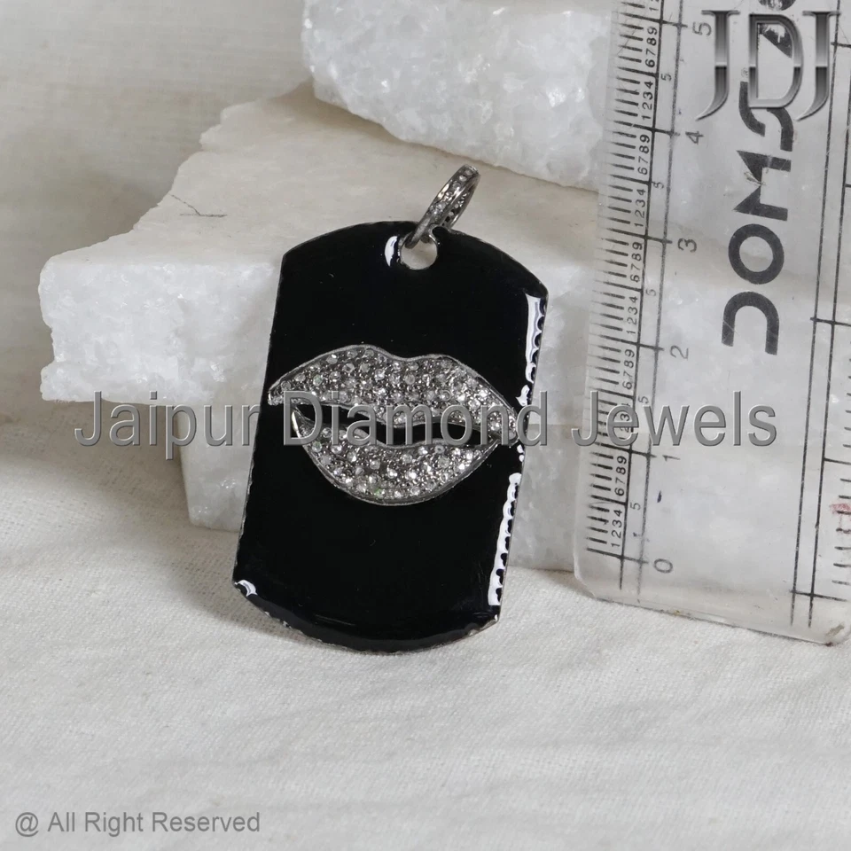 Etiqueta Dije Pavé Natural Diamante Plata 925 Esmalte Joyería Hecho a Mano Labios Colgante Foto 4 de 4