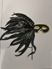 Black Gold Masquerade Mask Gold Sequined Trim Dark Feather Plumage