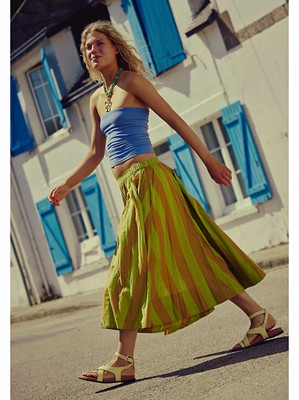 Free People Lowen Striped Cotton Peasant Midi Skirt Elastic Waist Pull-On Size S
