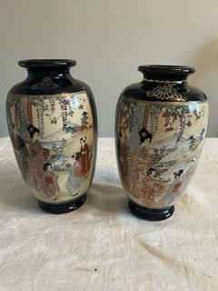 Two Satsuma Vases Colbalt Blue/gilt With Multi Coloured Japanese Garden Scenes