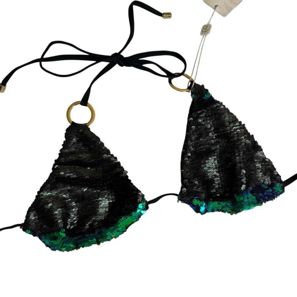 Traje de baño bikini triángulo Beach Bunny Sirens Song verde lentejuelas para mujer mediano Foto 3 de 4