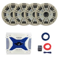 4x Kicker 6.5" 195W Marine Speakers, White Grilles, Bluetooth Amplifier w/Kit