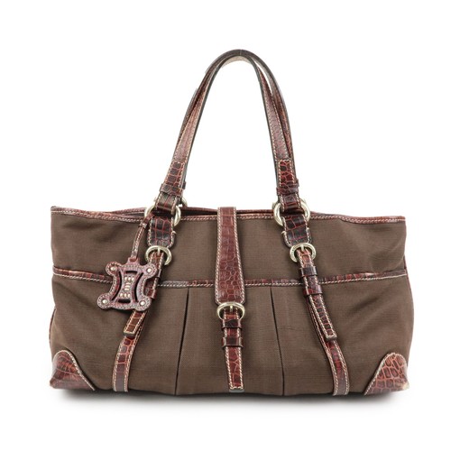 CELINE Logo Canvas Embossed Leather Tote Bag Hand Bag Brown Authentic Used F/S