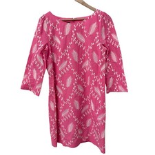 Talbots Embroidered Feather Shift Dress Sz 8 Pink 3/4 Sleeve Cotton