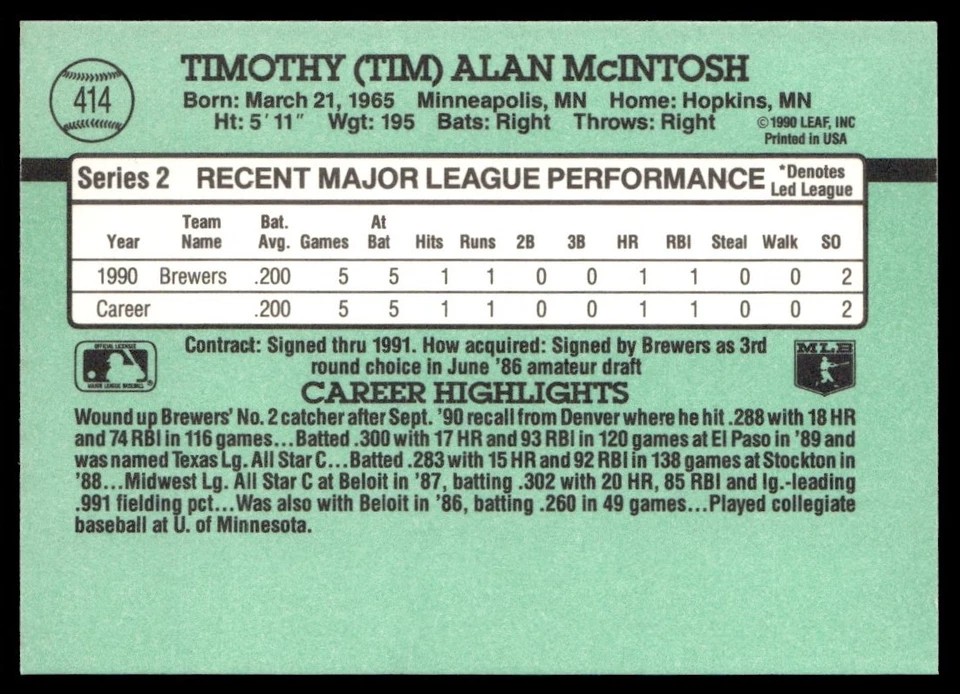 1991 Donruss Tim McIntosh Milwaukee Brewers #414 - Image 2 of 2