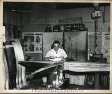 1956 Press Photo Man works in Plane Propeller Shop of Air News Inc. - sax30956