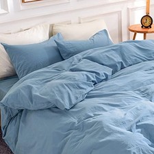 Duvet Cover Set Twin Size Linen Look Textured Organic Twin 68" x 90" Blue