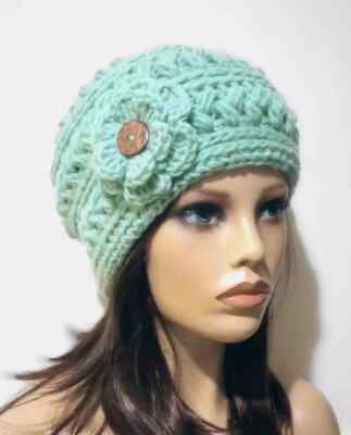 crochet womans handmade flower hat beanie nylon blend sage green puffs new