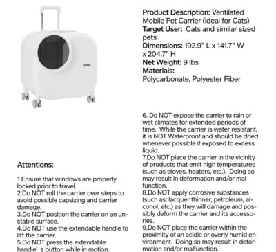 PIDAN Pet Portable Wheeled Carrier Box Travel Dog Cat Backpack