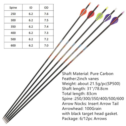 31" Pure Carbon Arrows Shaft Bow Hunting Target SP250-600 Screw Point 2" Vanes - Picture 5 of 21