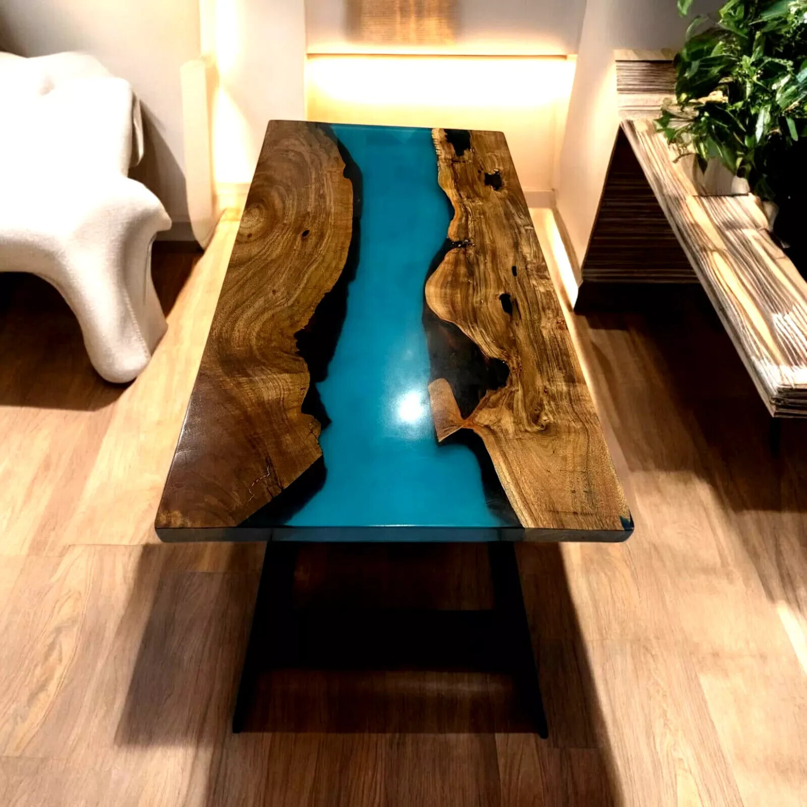 Blue Epoxy Resin Live Edge Wood Table Handmade Artisan Furniture-image