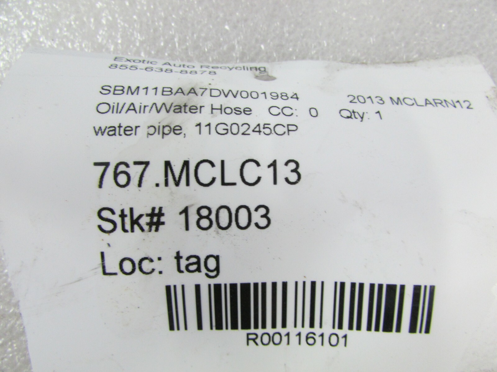 McLaren MP4-12C, Water Pipe Hose, Used, P/N 11G0245CP