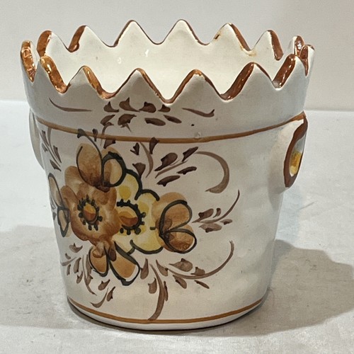 Hand Painted Porcelain Cache Pot Planter Portugal Orange Floral 4”x 3.5” Tall