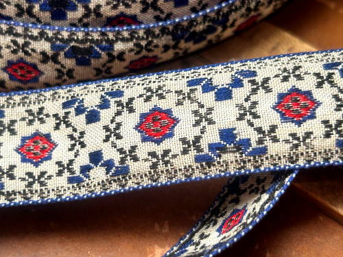 vintage jacquard 7/8" ribbon embroidered cotton trim 1yd made in France - Picture 2 of 3