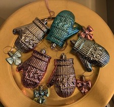 Christmas Ornaments Teal Blue Pink Mittens Bows Decor Tree Shatterproof