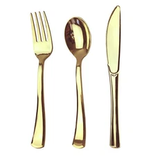 75 Piece Gold Plastic Silverware, Reusable Set, Forks, Spoons, Knives, 25 Each