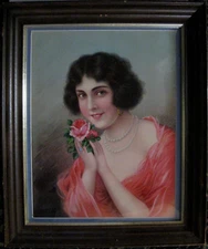 Chromolithograph of Woman with Rose & Pearls Antique Framed 20 3/8 in x 24 3/8in