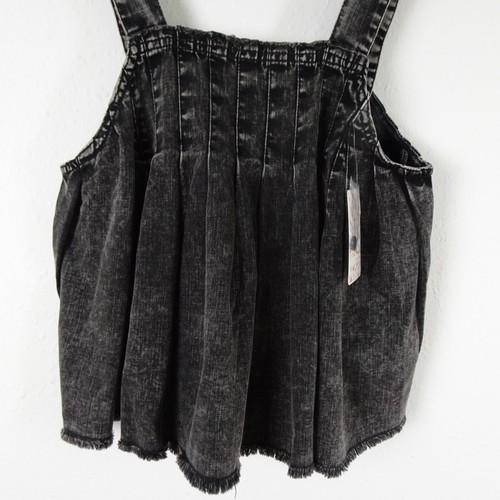 Free People Tank Top Women's Size S  Black Denim Pleated Raw Hem Marina Loose - Picture 5 of 10